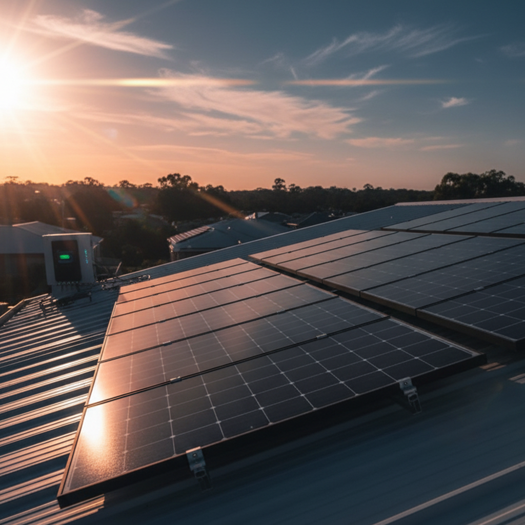 Commercial solar panel array at sunset